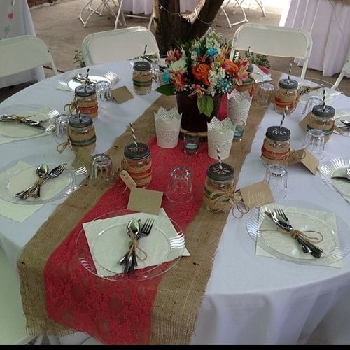 Table settings for a rustic wedding.