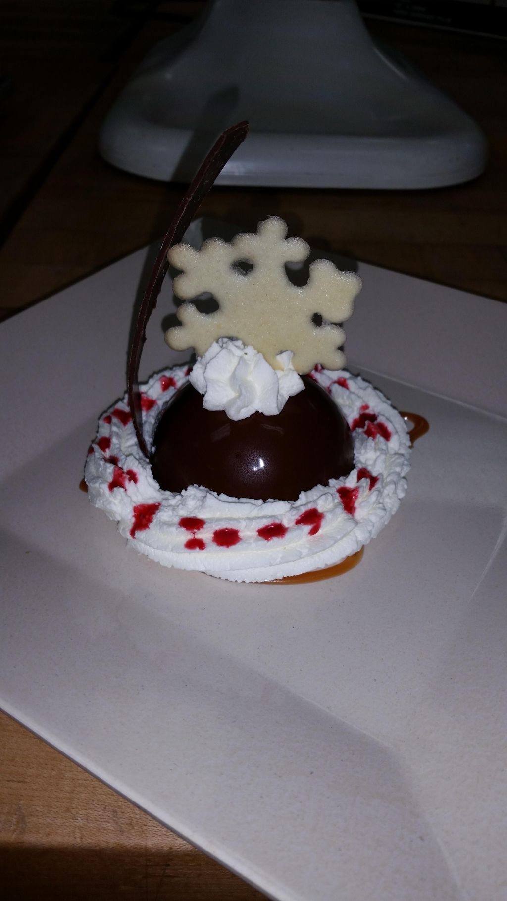 Chocolate Bombe with a snowflake tuile and chocola