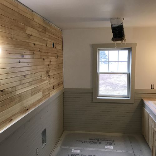 Bathroom drywall, pine walls, custom vanity, and s