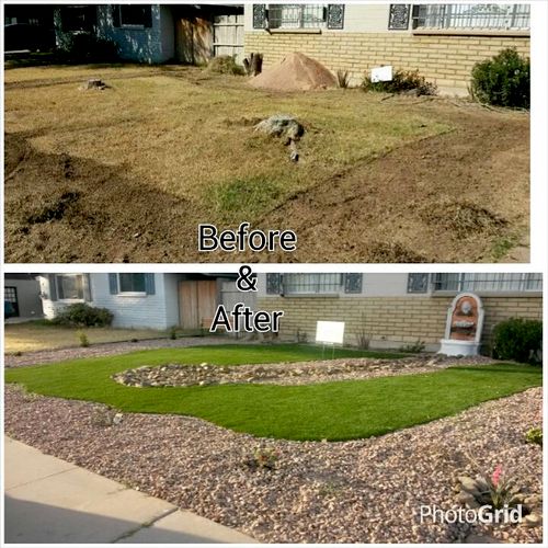 Front yard makeover. Artificial grass, gravel, pla