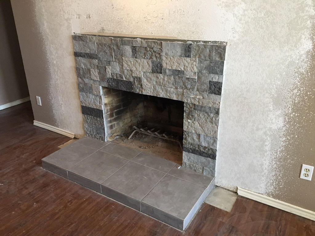 Photo during fireplace remodel.
