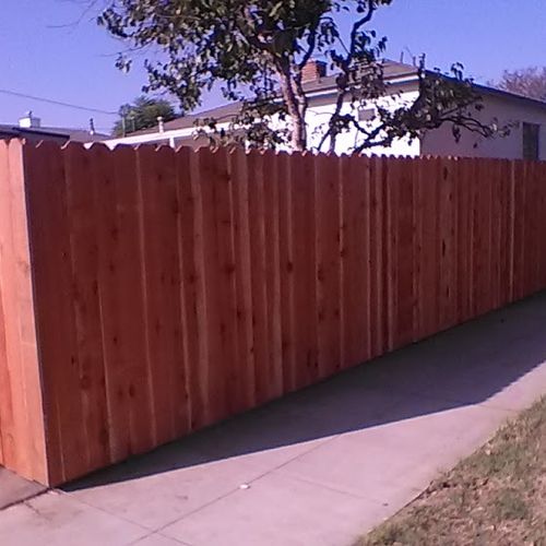 5 foot redwood dog ear fence/ front view metal pos