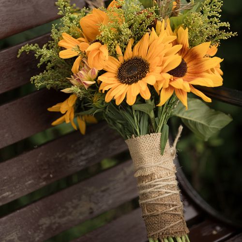 Hand held wrapped with burlap Sunflowers