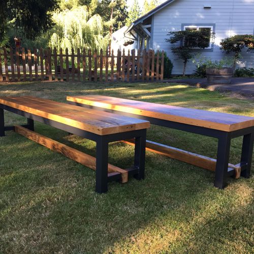 Steel and reclaimed Douglas Fir dining benches.