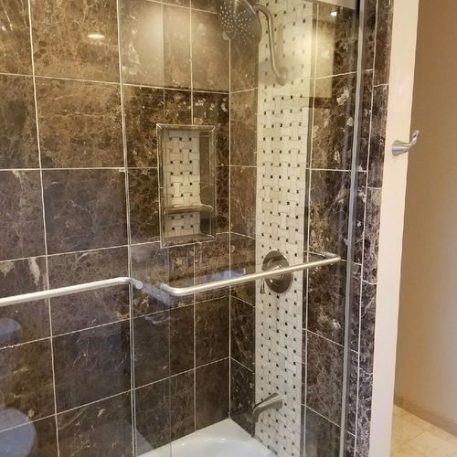 Bath-
Shower/tub tile with basket weave inlay