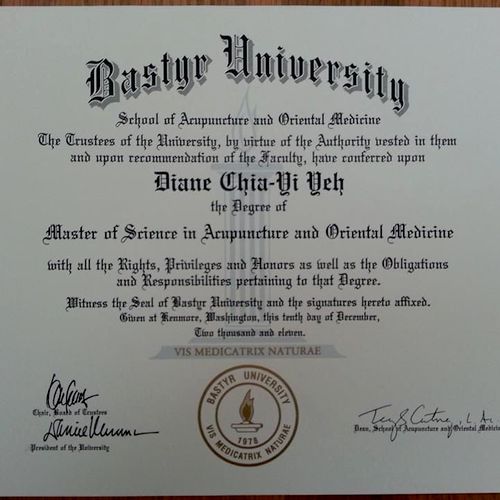 Bastyr University graduating diploma with Master's