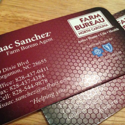 Spot UV business cards for Farm Bureau in NC.