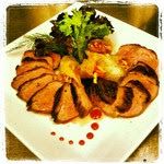 Seared duck breast with spring rolls