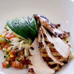 Grilled Chicken atop Fresh Tomato and Corn Salsa w