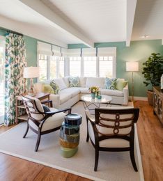 Family rm with blues, teals and lime