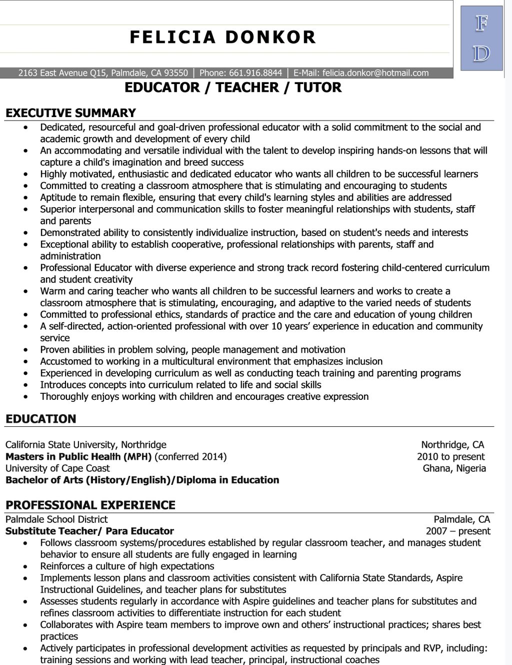 Sample Teacher Resume
Hired within 2 weeks