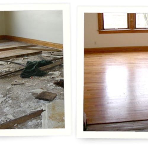 Hard wood floors (L - before with water damage) an