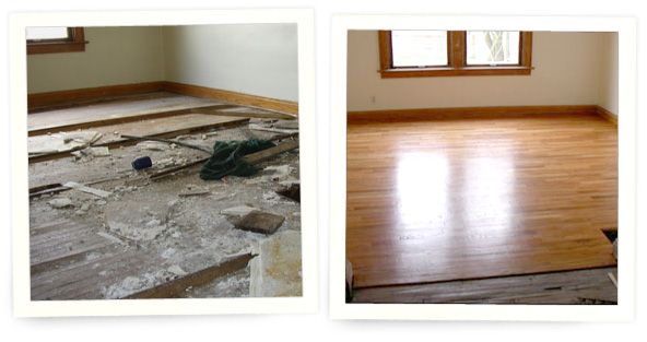 Hard wood floors (L - before with water damage) an