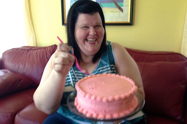 The Bride with her Champagne cake. This was a hit!