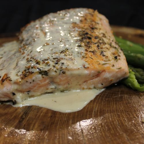 Grilled Atlantic Salmon with White Wine Veloute Sa