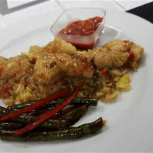 Asian Chicken with fried rice, green beans and swe