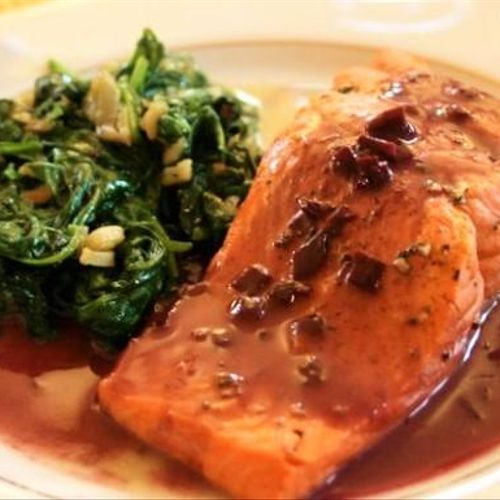 Wild Salmon Beurre Rouge, Sauteed Spinach