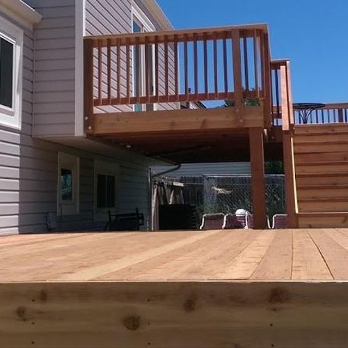 Redwood Deck with Cedar Wrap and Railing. - Thornt