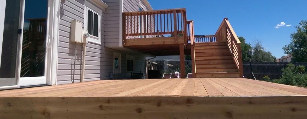 Redwood Deck with Cedar Wrap and Railing. - Thornt