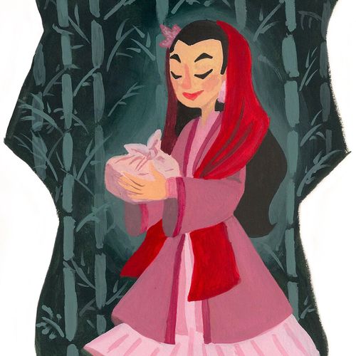 A painted illustration of Little Red Riding Hood, 