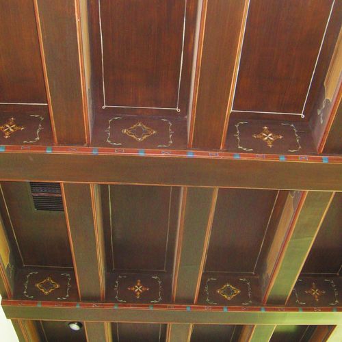 Faux inlaid wood ceiling with hand cut stencil des