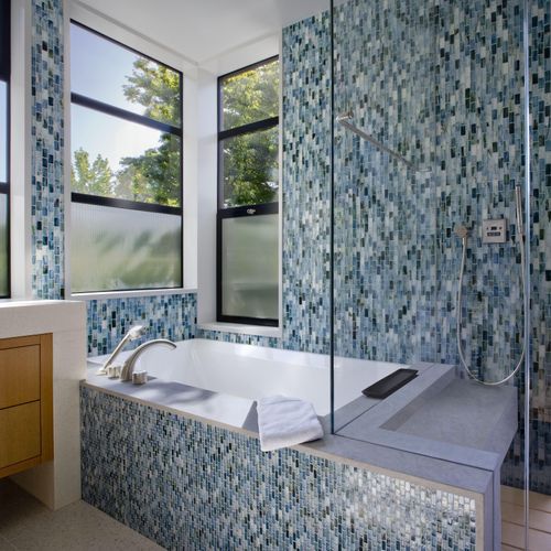 glass mosaic shower and tub surround