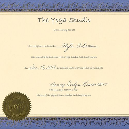 My Yoga Teacher Training Graduation Certificate