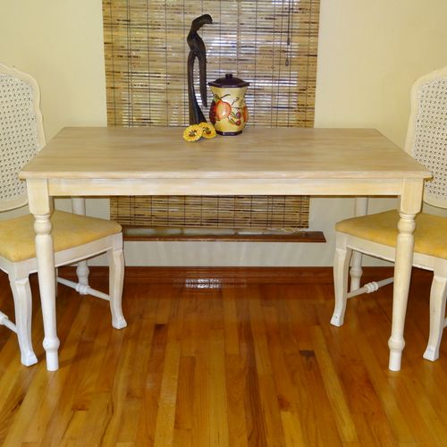 Chalk painted table and re-covered chairs, lightly