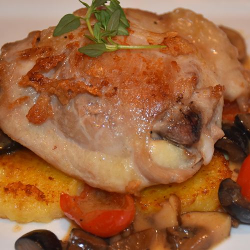 Sauteed chicken on polenta with a yummy pan sauce.