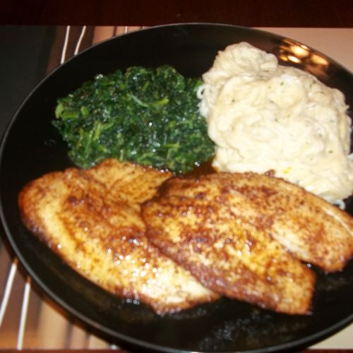 Baked Tilapia, sauteed spinach and alfredo angel h