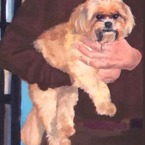 Oil portrait of Millie The Dog, detail of a family