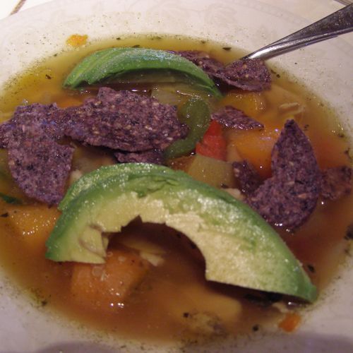 A beautiful organic chicken tortilla soup