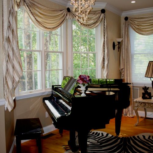 Living Room: Custom window treatments, Lighting, F