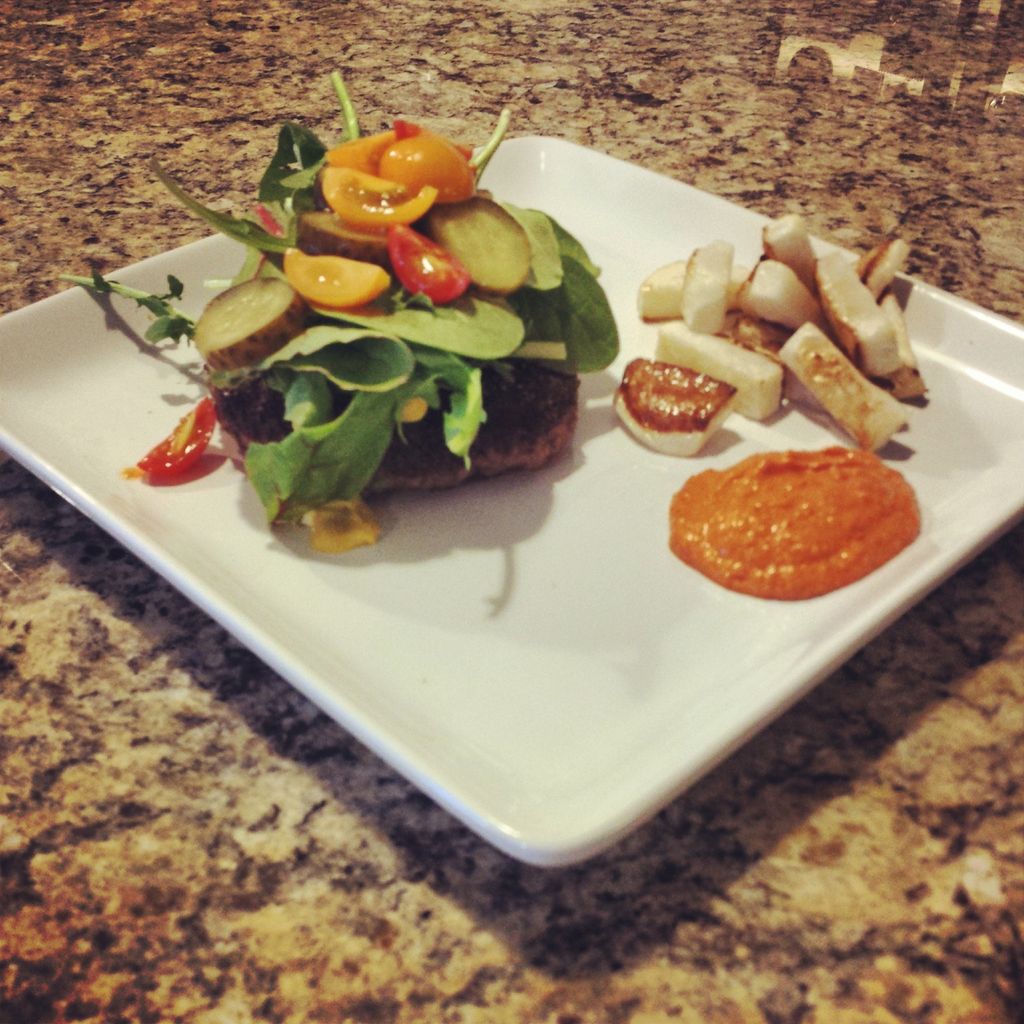 Burger with turnips fries and romesco sauce