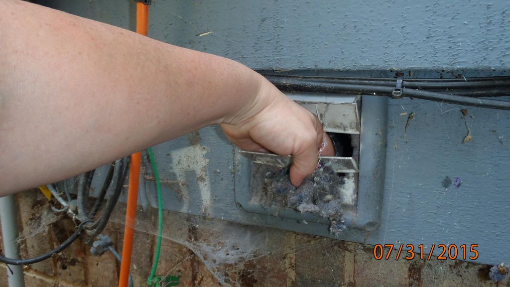 Lint clogging dryer vent to outside. This is a fir