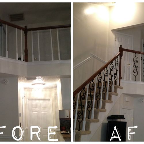 Wooden stair stair balusters replaced with wrought