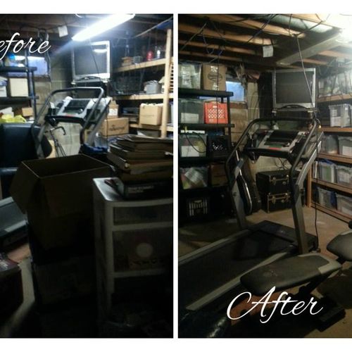 Before and after picture of basement organizing jo