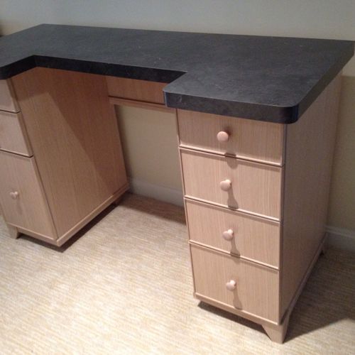 A makeup vanity constructed of quarter sawn white 