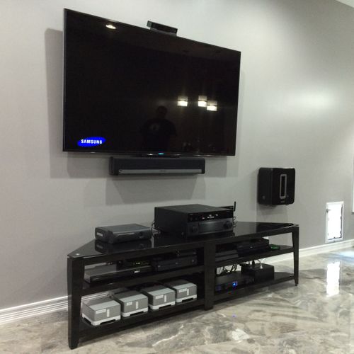 TV Flat Mounted, Wall mounted Sonos Subwoofer, and