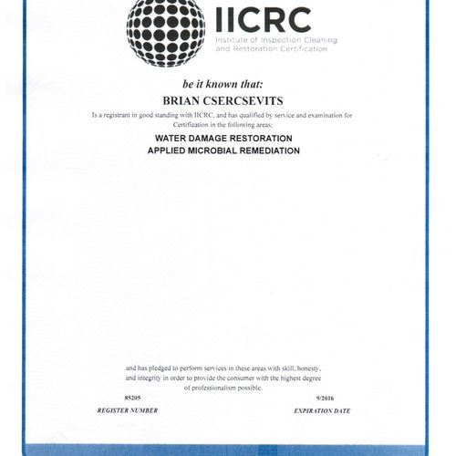 IICRC certified in Water Damage Restoration & Appl
