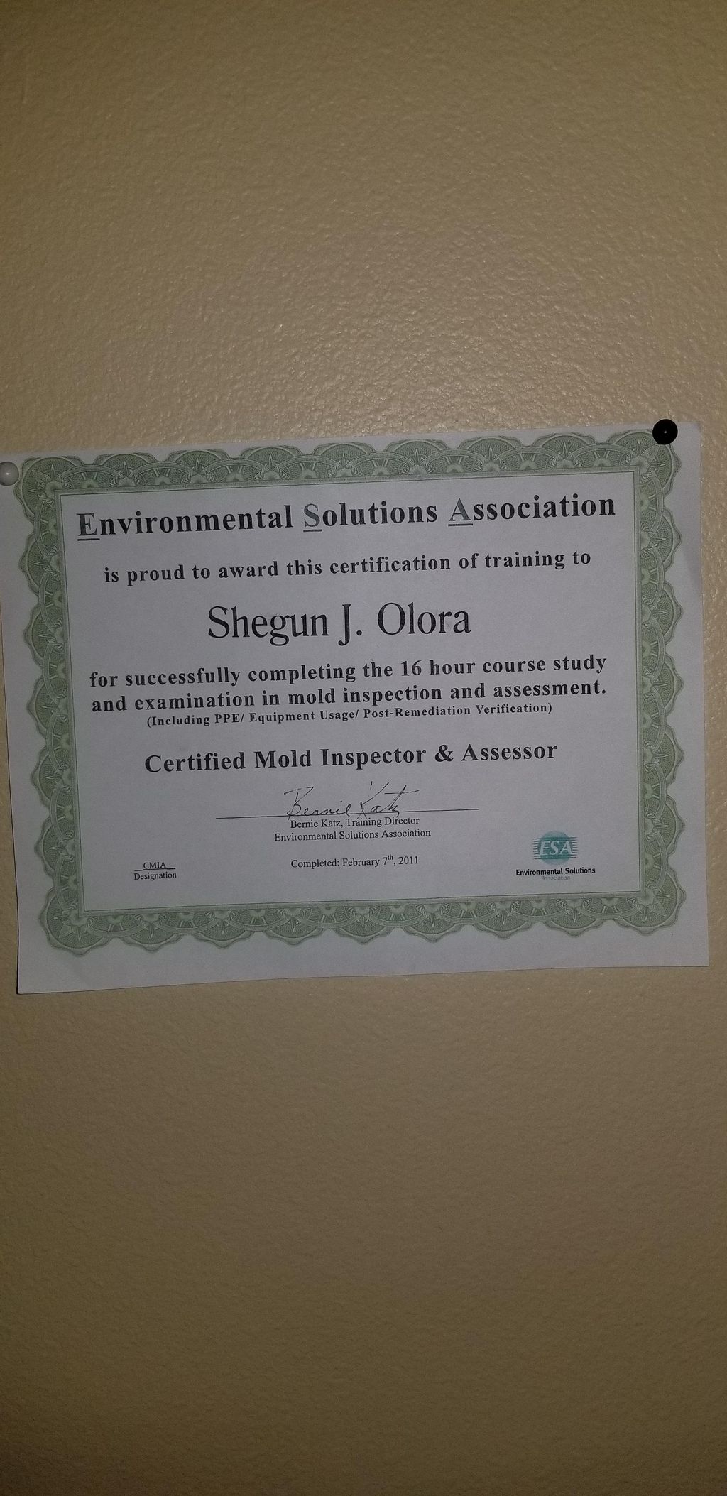 CERTIFIED MOLD INSPECTOR AND ASSESSOR CERTIFICATIO