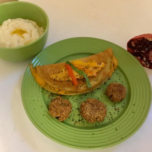 Chickpea Omelette, with cheese, burger, veggies in