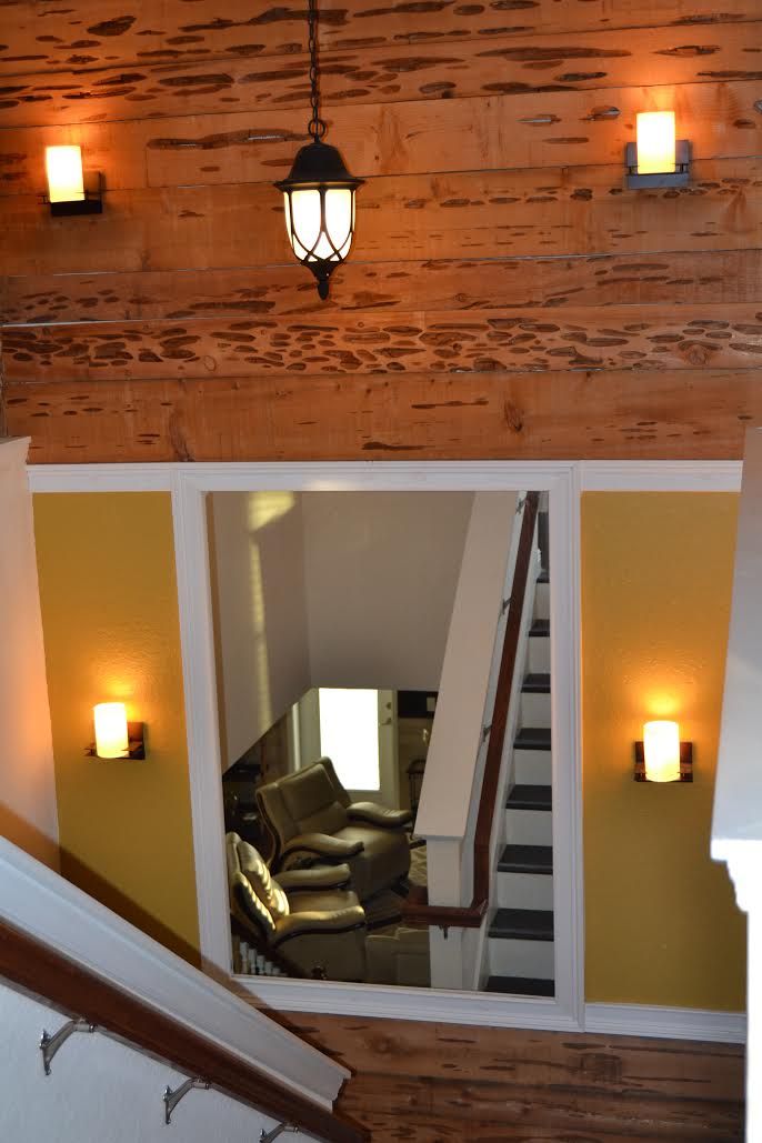 Pecky cedar walls and mirror