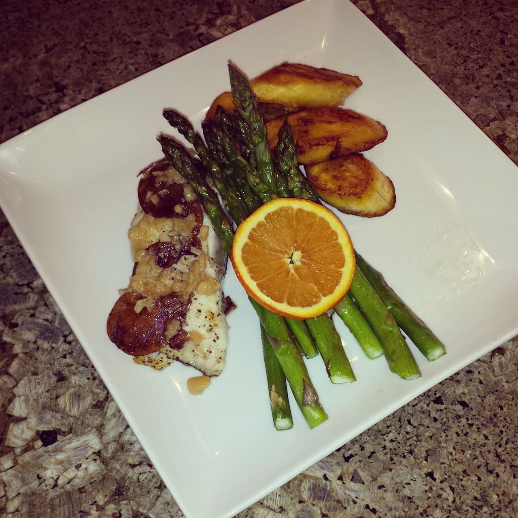 Purple potato crusted halibut with mojo sauce, ora