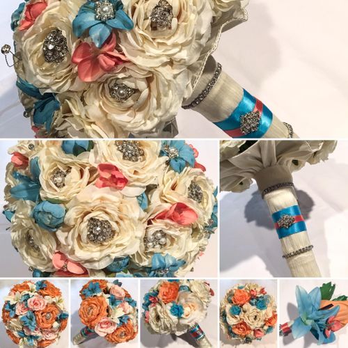 Ivory/Coral/Blue rose brooch wedding package.