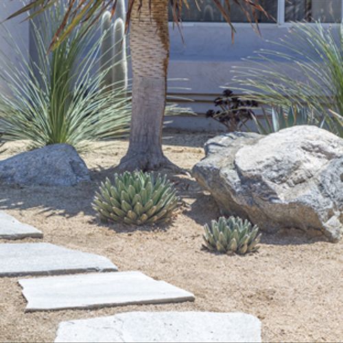 Xeriscape installation with flagstone, decomposed 