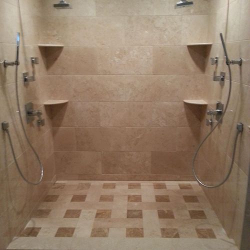 Custom two person shower with invisible drain