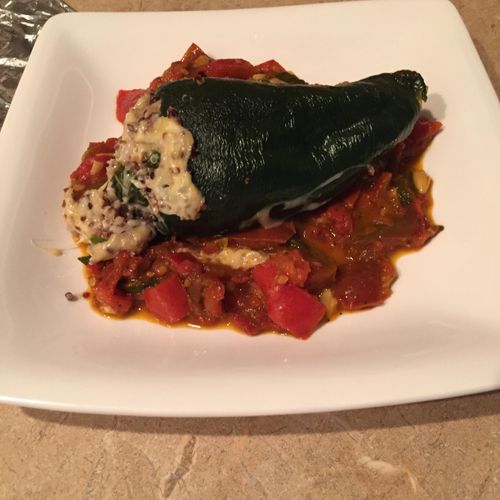 Quinoa-stuffed Anaheim pepper with melted smoked g
