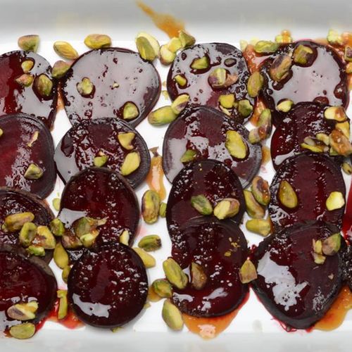 Honey-glazed beets and roasted pistachios