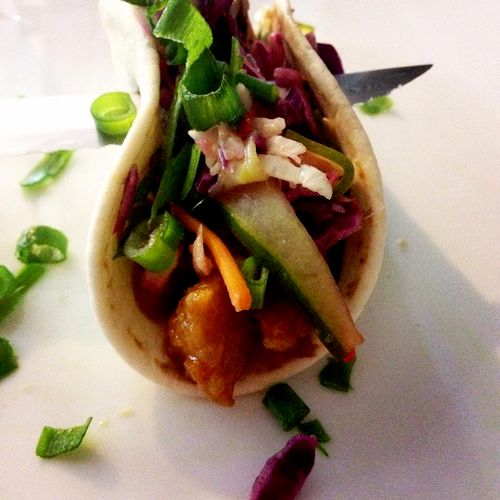 Korean Fried Chicken Tacos with Sweet Chili Cucumb